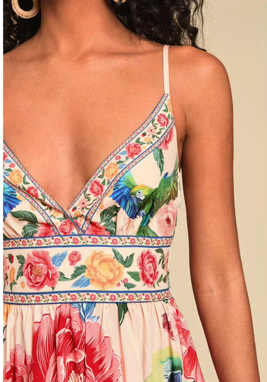 Dames Halter Maxi Jurk met Print – Diepe V-Hals & Elegante Zomerlook