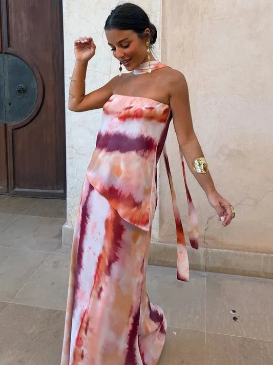 Boho Tie-Dye Set voor Dames – Asymmetrische Top met Maxi Rok