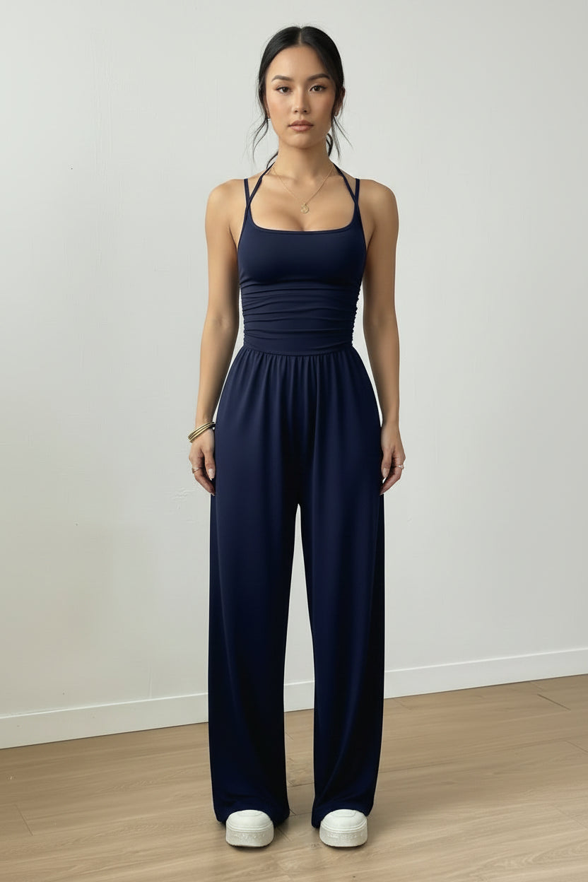 Dames Zwarte Jumpsuit – Geplooid Design met Halterhals en Wijde Pijpen
