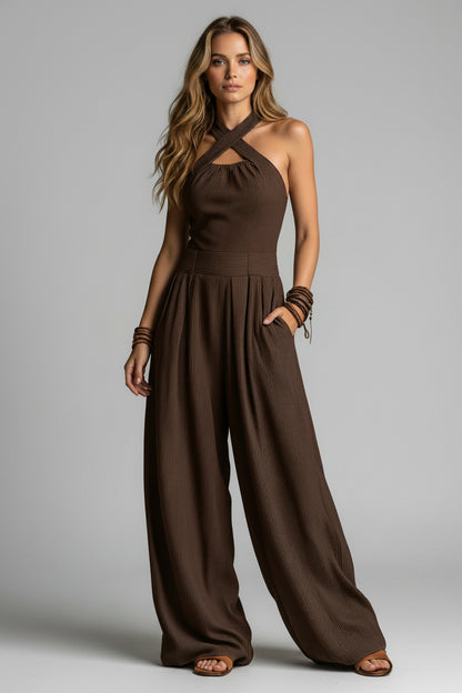 Dames Wide Leg Jumpsuit – Cross Neck Design & Open Rug