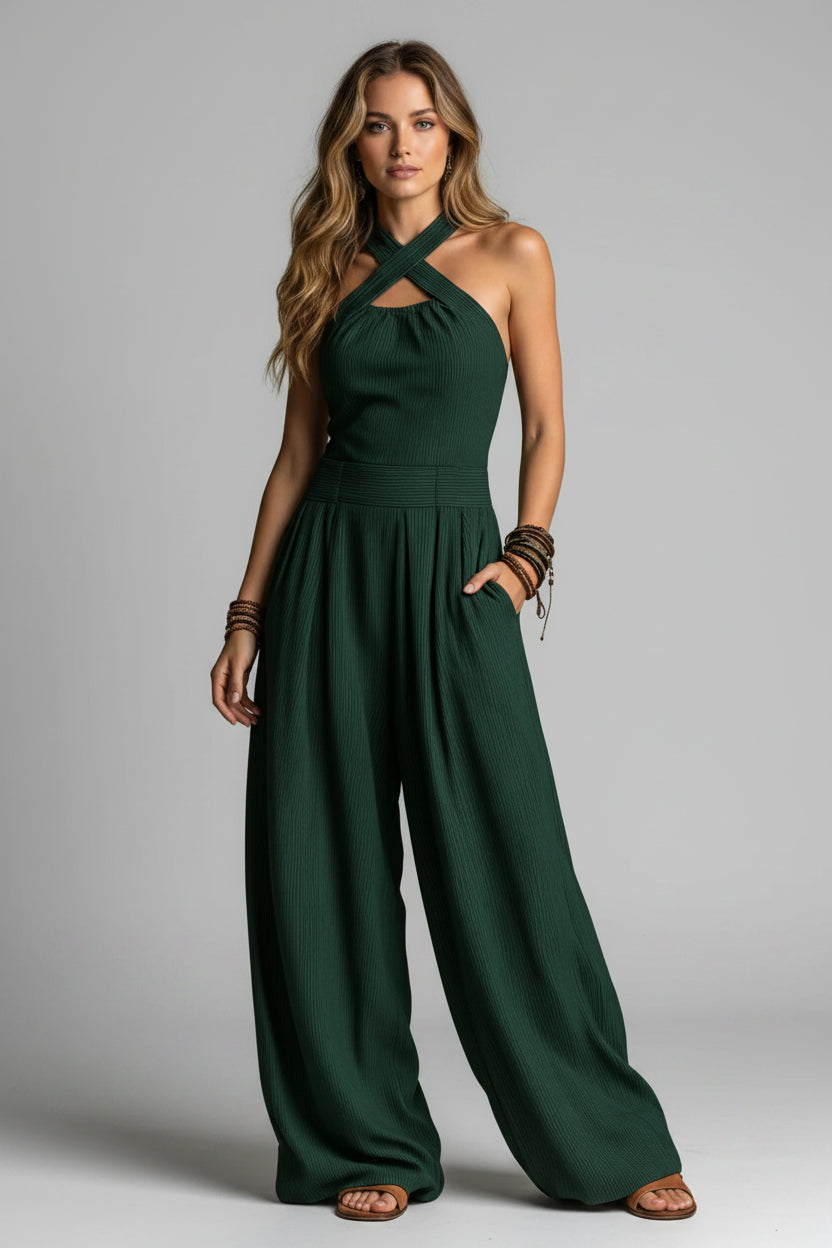 Dames Wide Leg Jumpsuit – Cross Neck Design & Open Rug