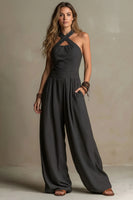 Dames Wide Leg Jumpsuit – Cross Neck Design & Open Rug
