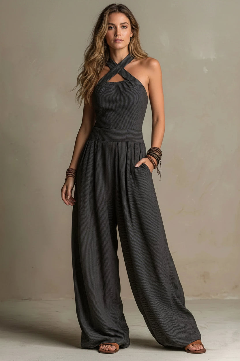 Dames Wide Leg Jumpsuit – Cross Neck Design & Open Rug