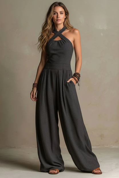 Dames Wide Leg Jumpsuit – Cross Neck Design & Open Rug