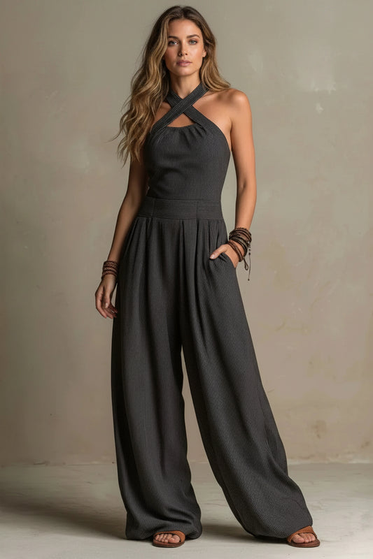Dames Wide Leg Jumpsuit – Cross Neck Design & Open Rug