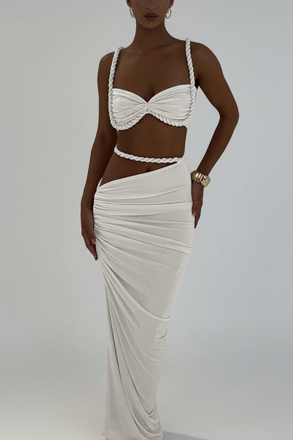 Dames 2-Delige Set – Geweven Crop Top & Hoge Taille Maxi Rok