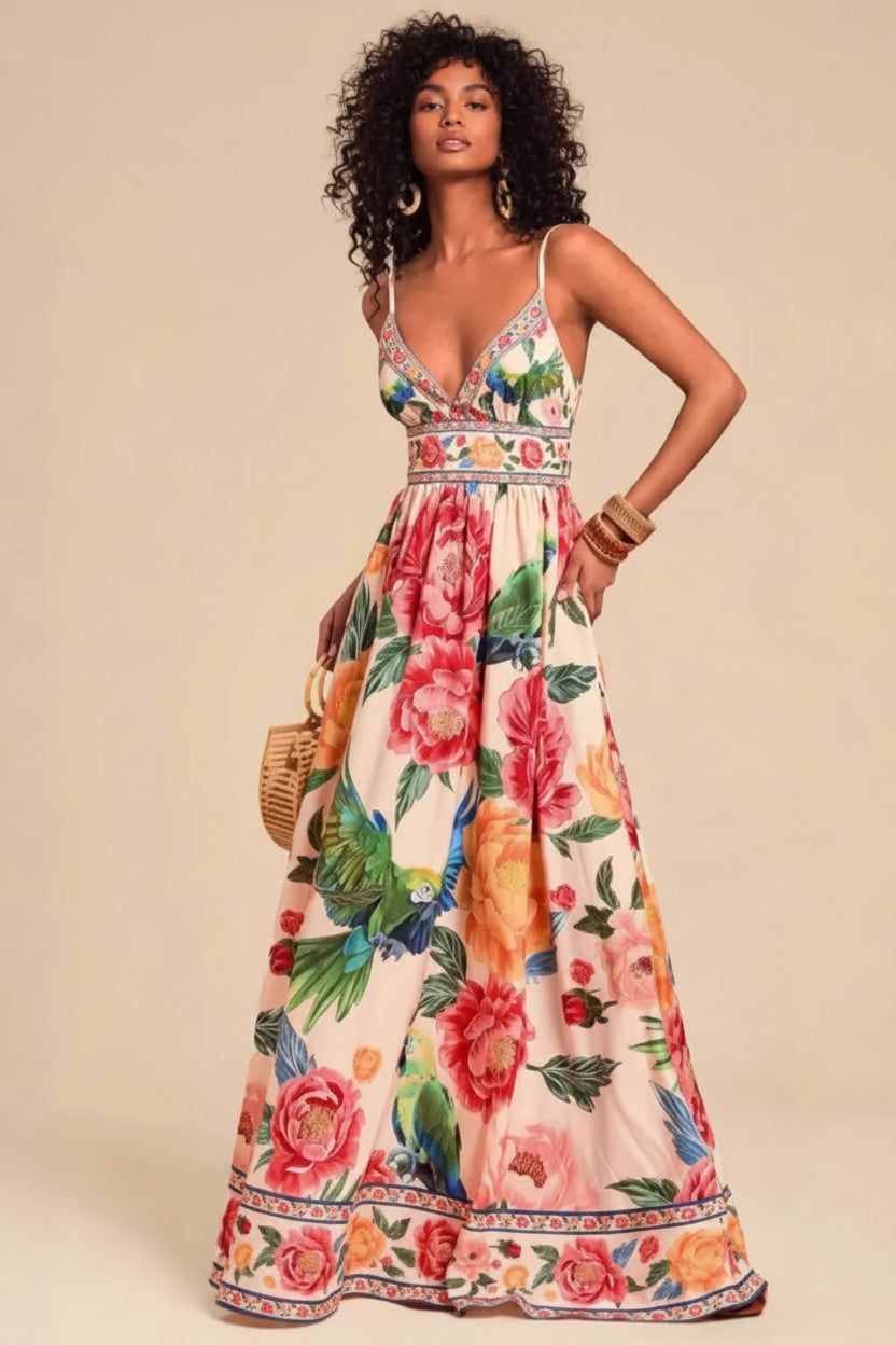 Dames Halter Maxi Jurk met Print – Diepe V-Hals & Elegante Zomerlook