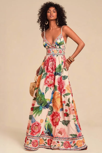 Dames Halter Maxi Jurk met Print – Diepe V-Hals & Elegante Zomerlook