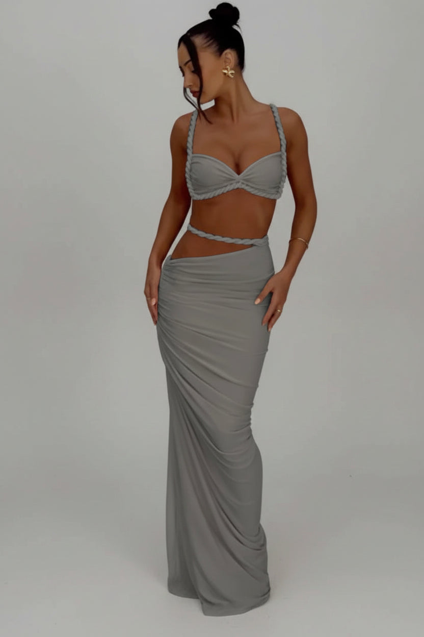 Dames 2-Delige Set – Geweven Crop Top & Hoge Taille Maxi Rok