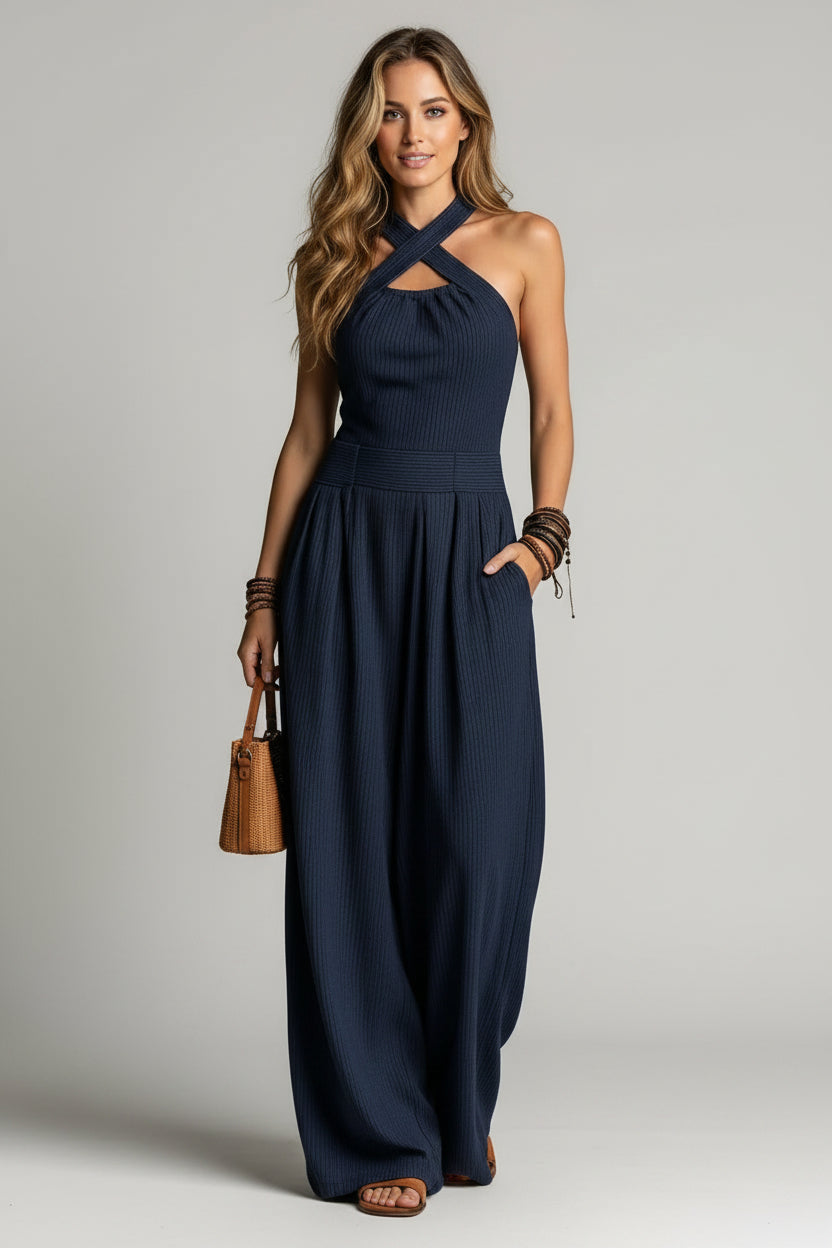 Dames Wide Leg Jumpsuit – Cross Neck Design & Open Rug