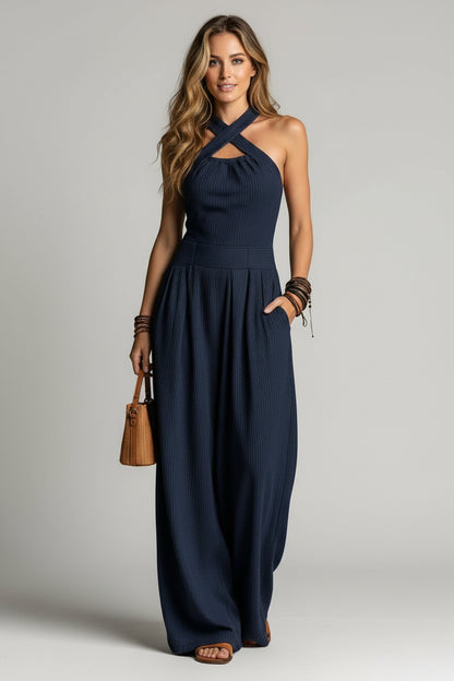 Dames Wide Leg Jumpsuit – Cross Neck Design & Open Rug