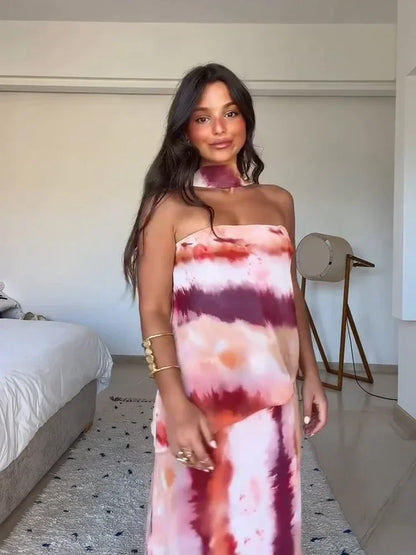 Boho Tie-Dye Set voor Dames – Asymmetrische Top met Maxi Rok