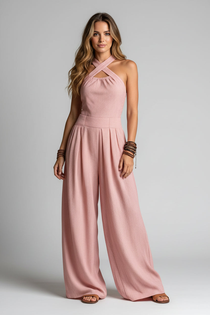 Dames Wide Leg Jumpsuit – Cross Neck Design & Open Rug