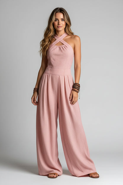 Dames Wide Leg Jumpsuit – Cross Neck Design & Open Rug