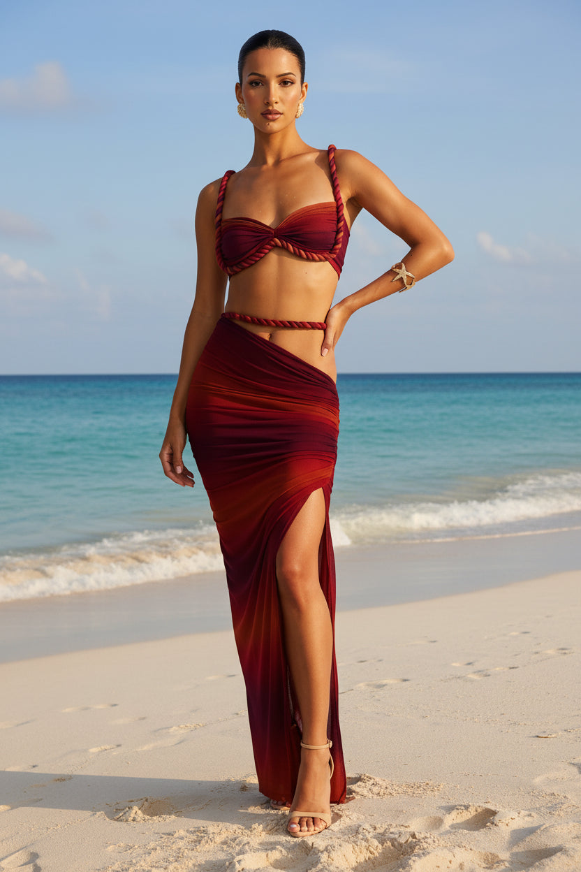 Dames 2-Delige Set – Geweven Crop Top & Hoge Taille Maxi Rok