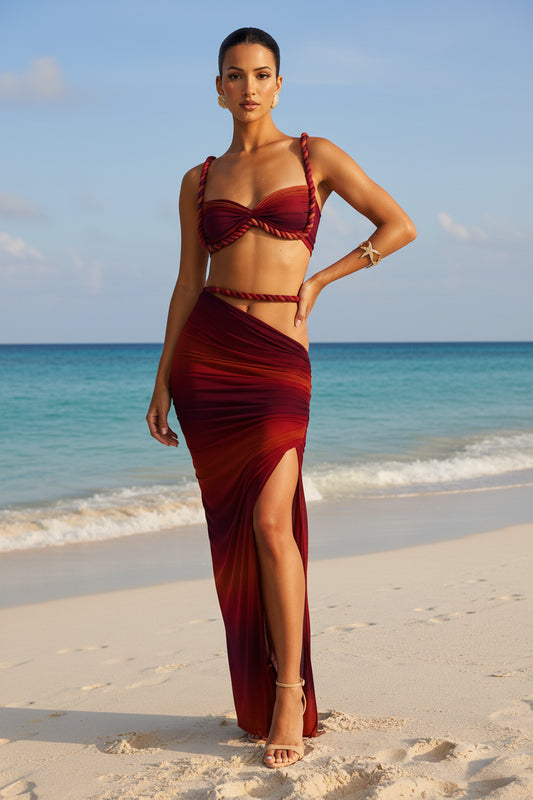 Dames 2-Delige Set – Geweven Crop Top & Hoge Taille Maxi Rok