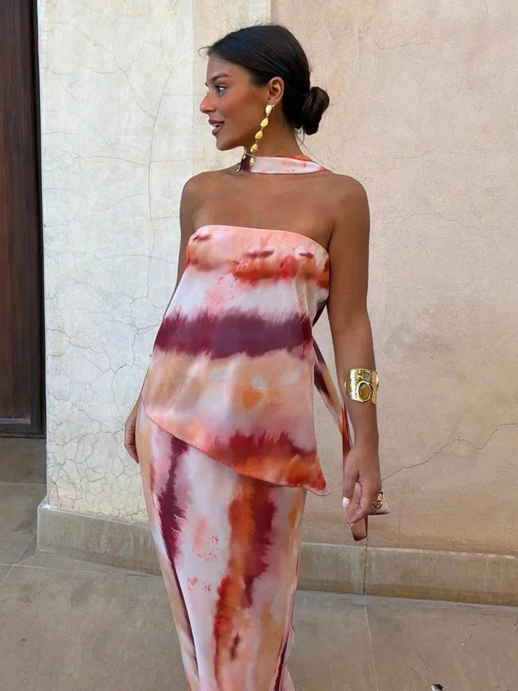 Boho Tie-Dye Set voor Dames – Asymmetrische Top met Maxi Rok