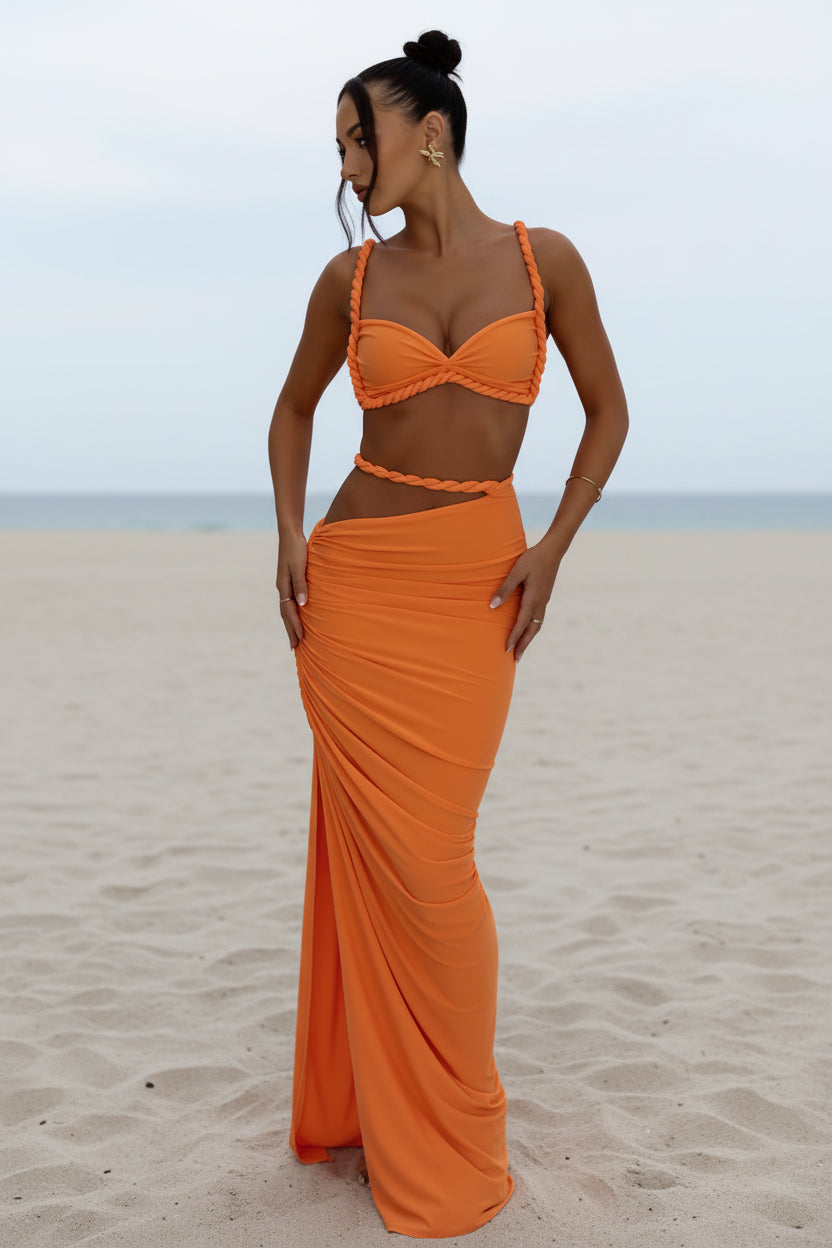 Dames 2-Delige Set – Geweven Crop Top & Hoge Taille Maxi Rok