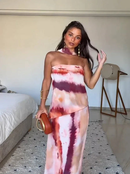 Boho Tie-Dye Set voor Dames – Asymmetrische Top met Maxi Rok