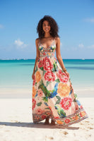 Dames Halter Maxi Jurk met Print – Diepe V-Hals & Elegante Zomerlook