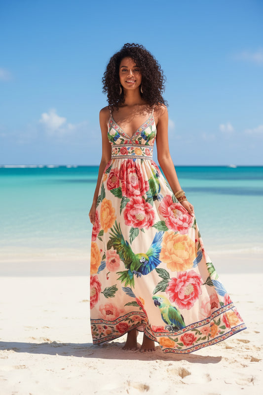 Dames Halter Maxi Jurk met Print – Diepe V-Hals & Elegante Zomerlook