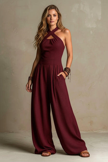 Dames Wide Leg Jumpsuit – Cross Neck Design & Open Rug