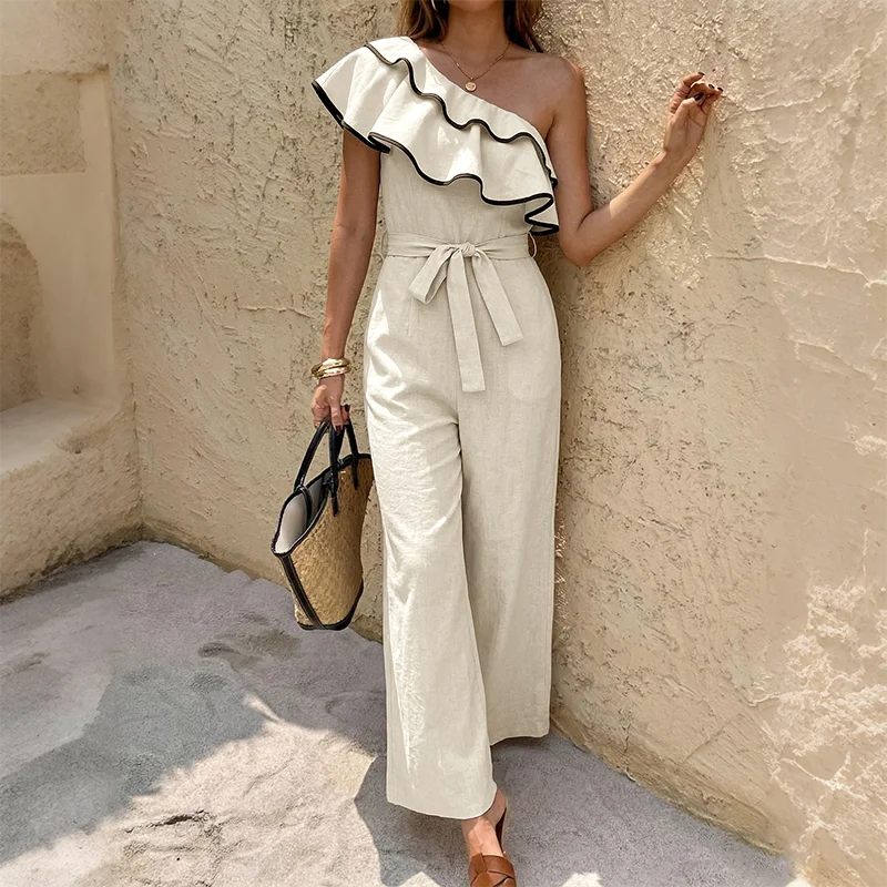 Dames One-Shoulder Zomer Jumpsuit – Ruffle Detail & Getailleerde Pasvorm