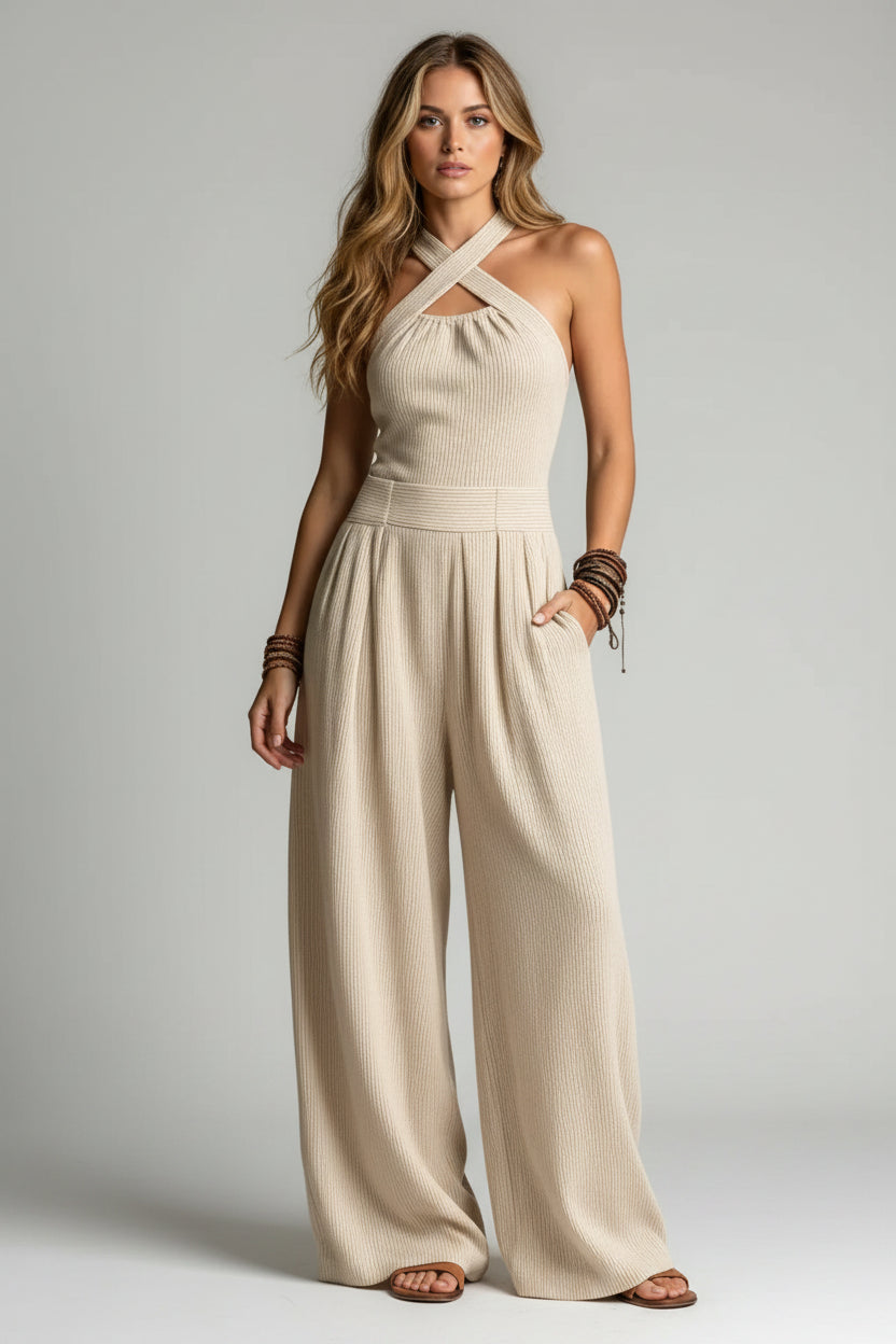Dames Wide Leg Jumpsuit – Cross Neck Design & Open Rug