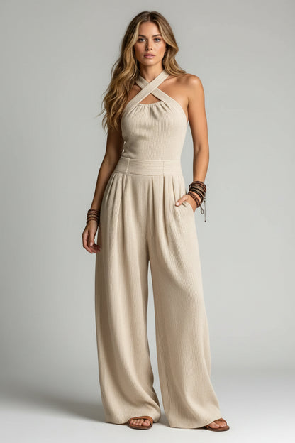 Dames Wide Leg Jumpsuit – Cross Neck Design & Open Rug