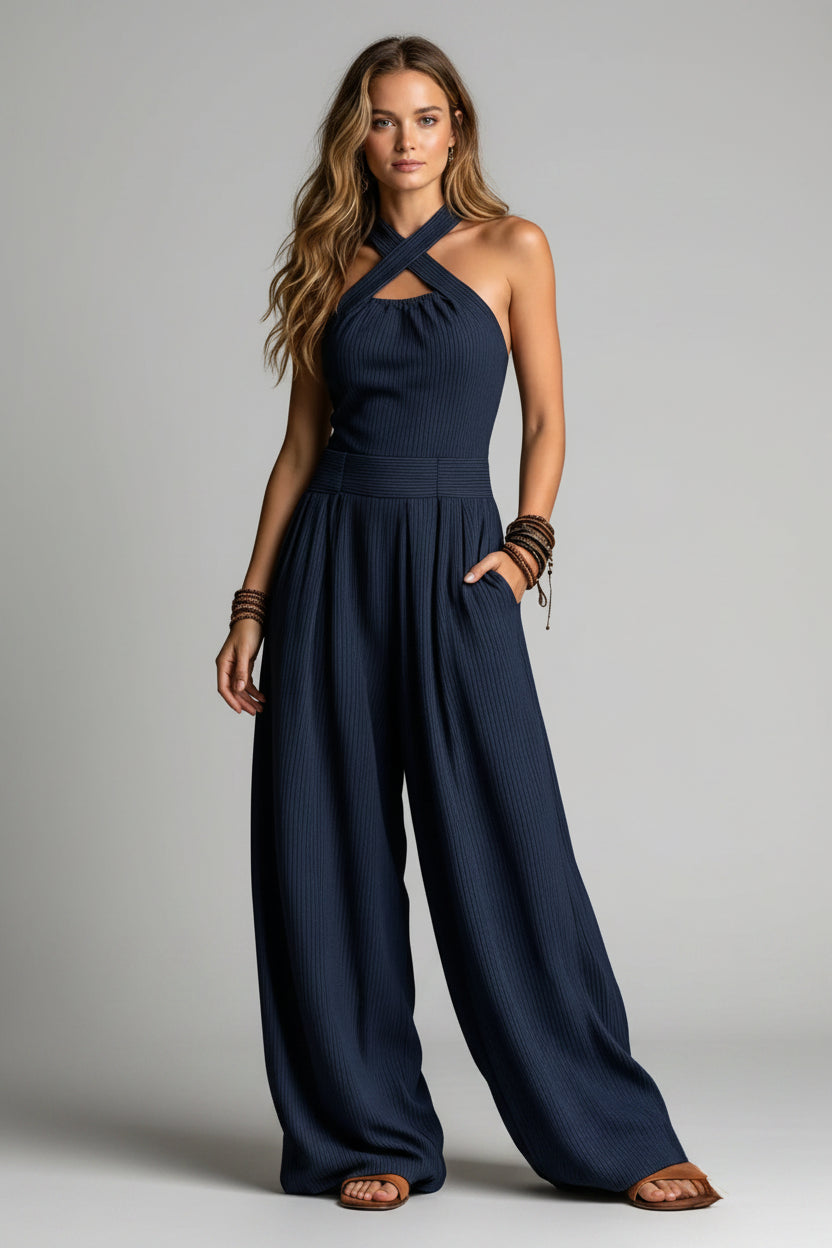 Dames Wide Leg Jumpsuit – Cross Neck Design & Open Rug