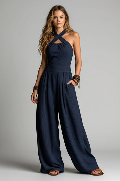 Dames Wide Leg Jumpsuit – Cross Neck Design & Open Rug