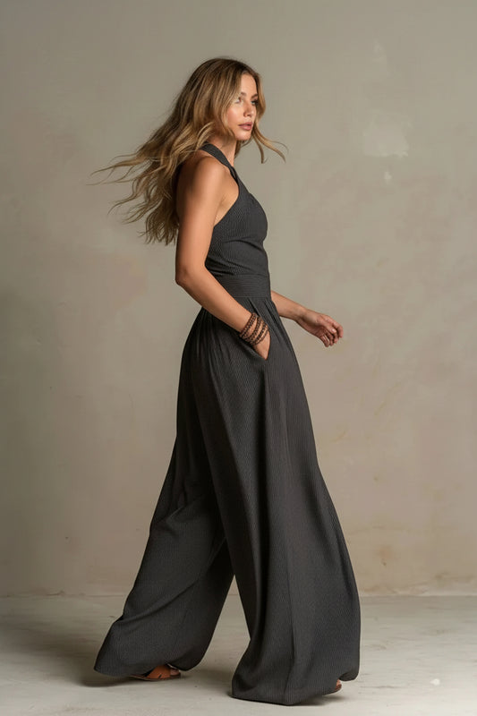 Dames Wide Leg Jumpsuit – Cross Neck Design & Open Rug