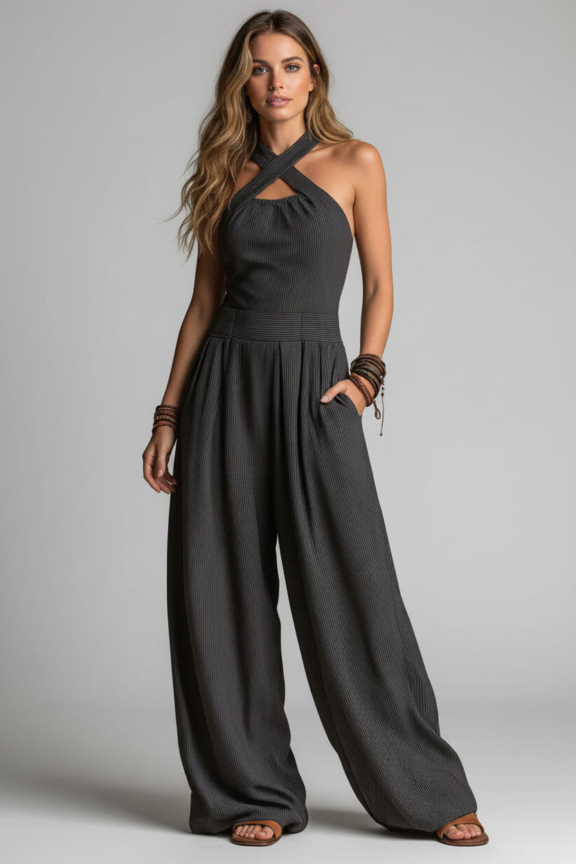 Dames Wide Leg Jumpsuit – Cross Neck Design & Open Rug