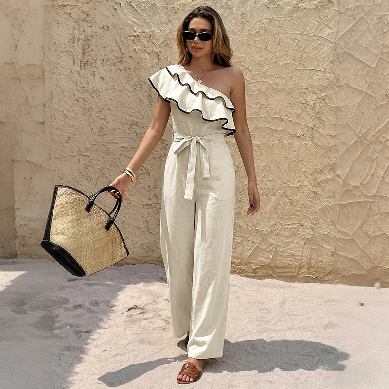 Dames One-Shoulder Zomer Jumpsuit – Ruffle Detail & Getailleerde Pasvorm