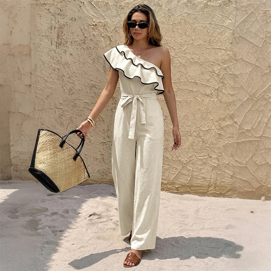 Dames One-Shoulder Zomer Jumpsuit – Ruffle Detail & Getailleerde Pasvorm