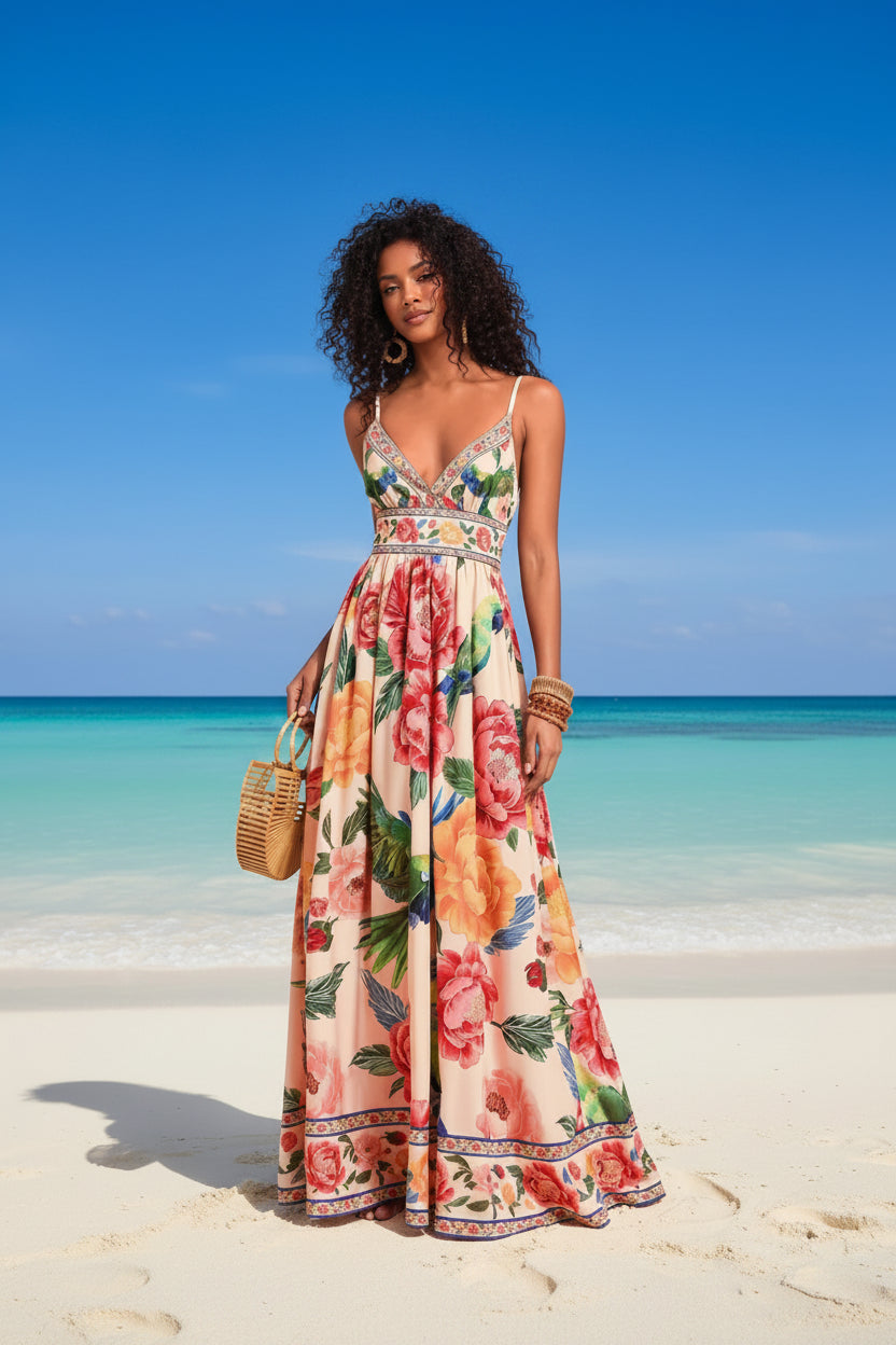 Dames Halter Maxi Jurk met Print – Diepe V-Hals & Elegante Zomerlook