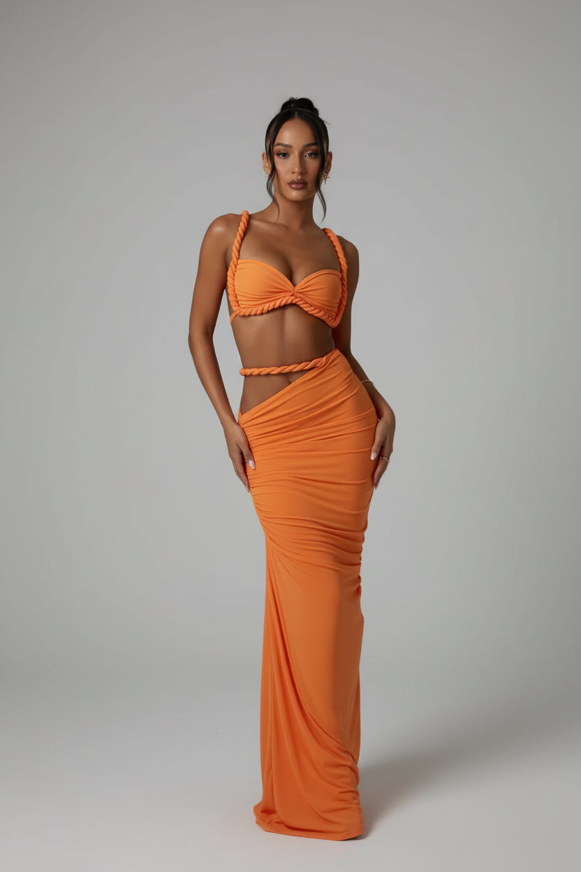 Dames 2-Delige Set – Geweven Crop Top & Hoge Taille Maxi Rok