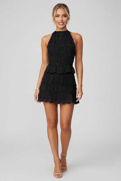 Dames 2-Delige Rokset – Halter Top & Mini Rok met Mesh Detail