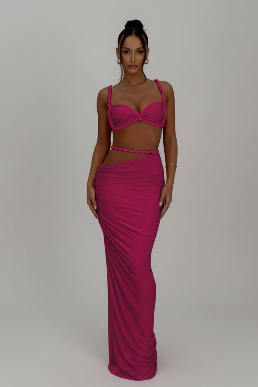 Dames 2-Delige Set – Geweven Crop Top & Hoge Taille Maxi Rok