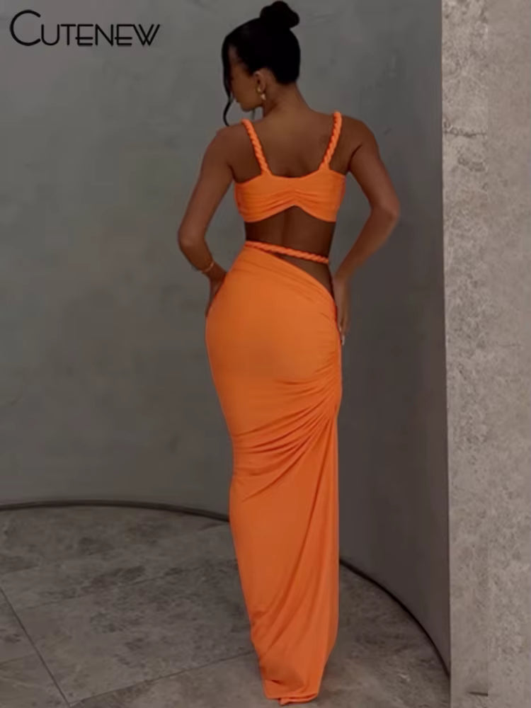 Dames 2-Delige Set – Geweven Crop Top & Hoge Taille Maxi Rok