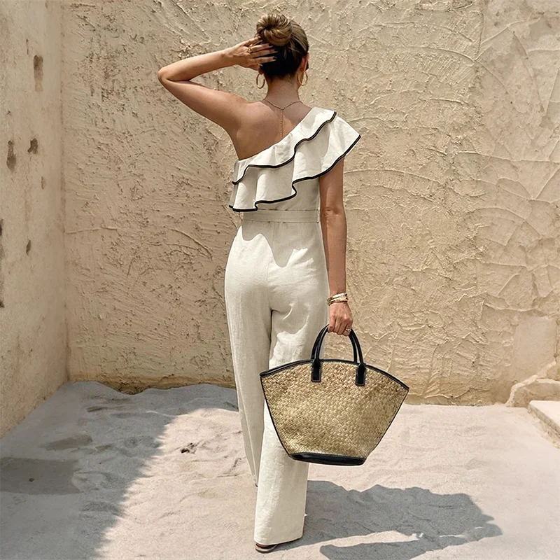 Dames One-Shoulder Zomer Jumpsuit – Ruffle Detail & Getailleerde Pasvorm