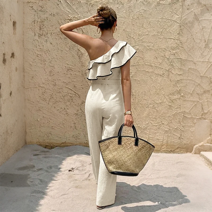 Dames One-Shoulder Zomer Jumpsuit – Ruffle Detail & Getailleerde Pasvorm