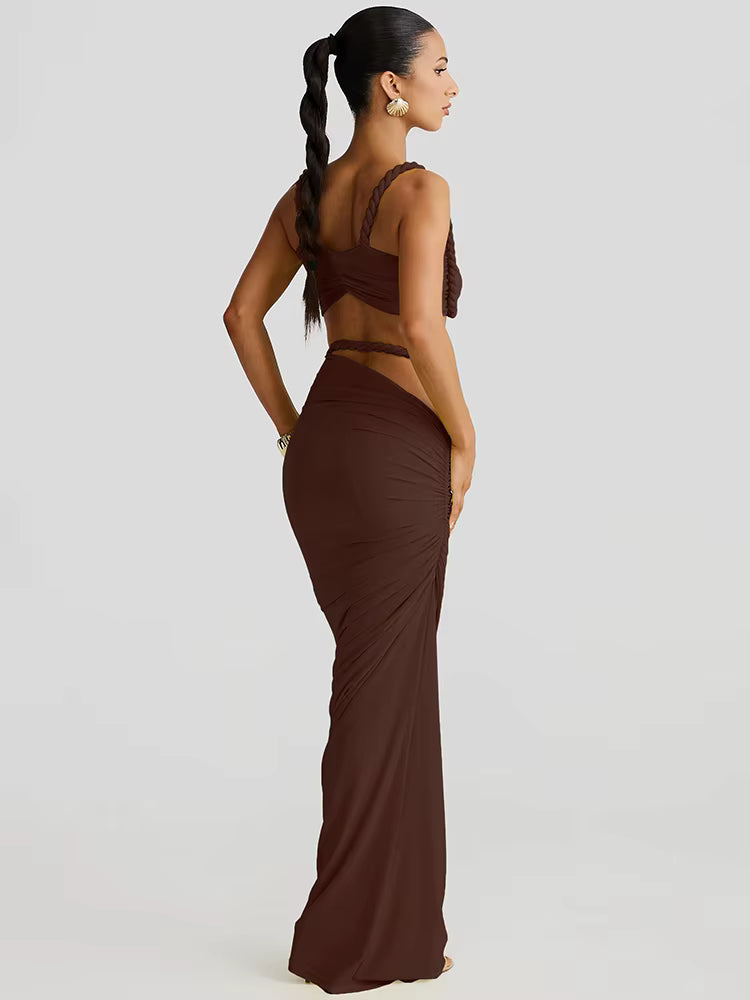 Dames 2-Delige Set – Geweven Crop Top & Hoge Taille Maxi Rok