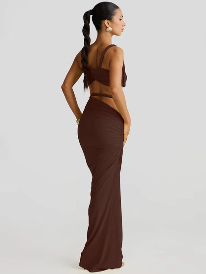 Dames 2-Delige Set – Geweven Crop Top & Hoge Taille Maxi Rok