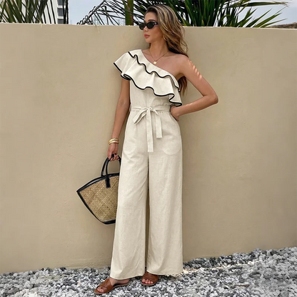Dames One-Shoulder Zomer Jumpsuit – Ruffle Detail & Getailleerde Pasvorm