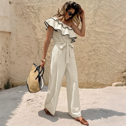 Dames One-Shoulder Zomer Jumpsuit – Ruffle Detail & Getailleerde Pasvorm