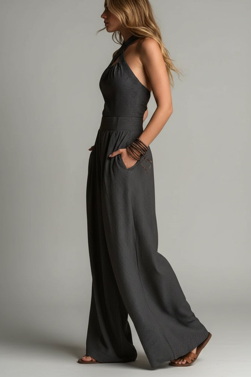 Dames Wide Leg Jumpsuit – Cross Neck Design & Open Rug