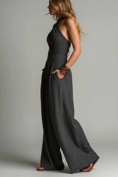 Dames Wide Leg Jumpsuit – Cross Neck Design & Open Rug